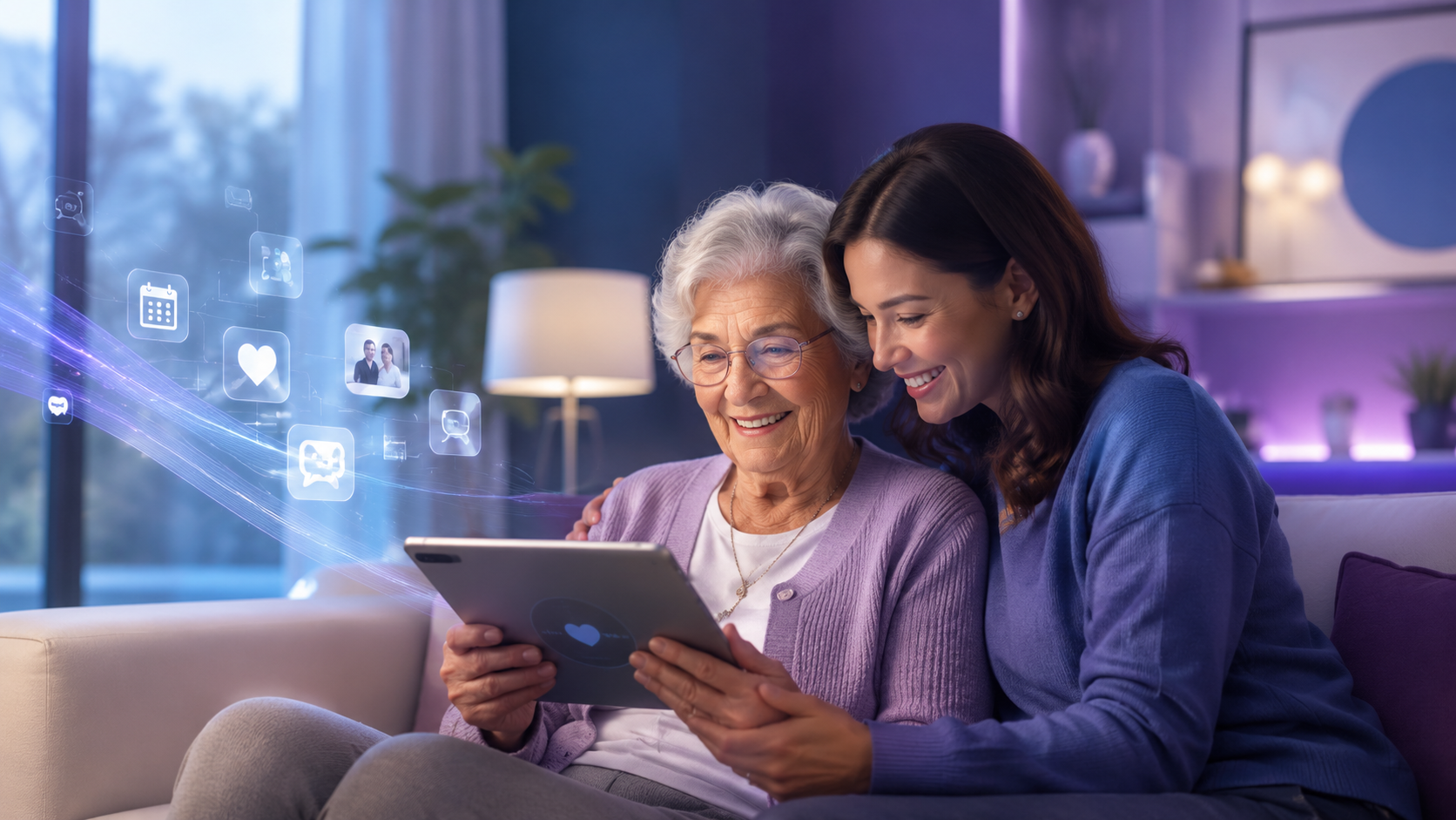 Familiar e paciente usando tablet para guardar mensagens de voz